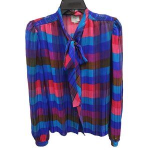 Vintage 80s Eva Womens Blouse Top 5/6 Blue Pink Plaid Bow Tie Retro Preppy